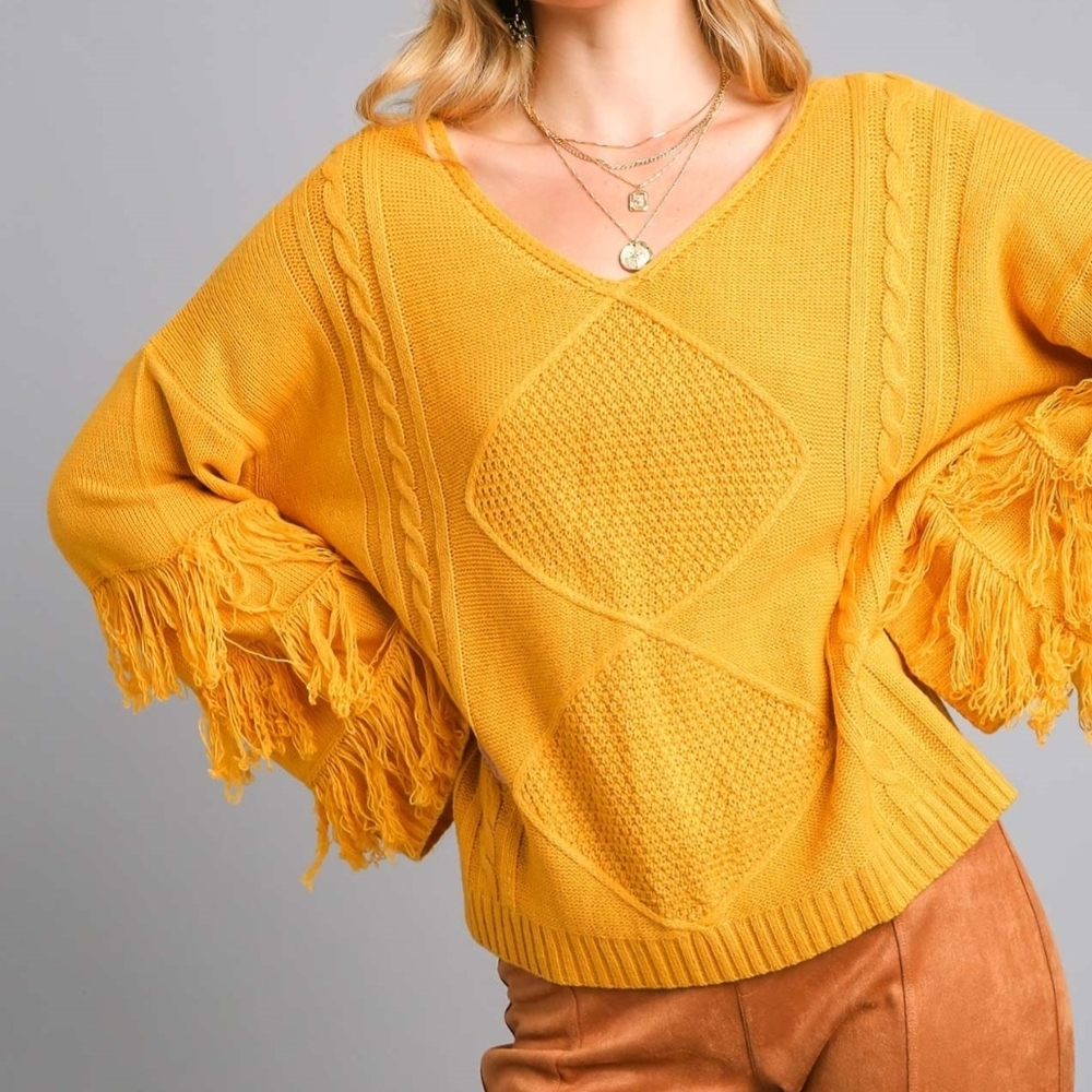 Umgee Mustard Fringed V-Neck Sweater